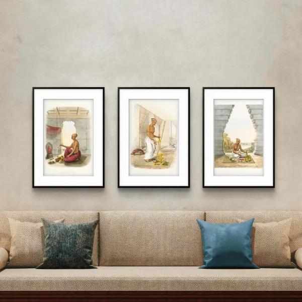 Brahmins_Performing_Pooja_Set_Of_3_Art_Print_Black_Frame