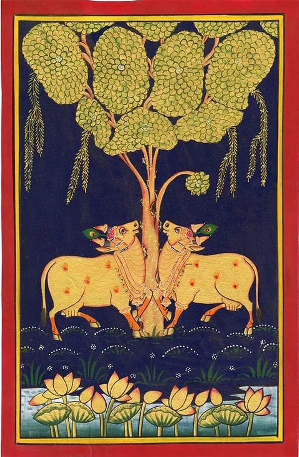Cotton_Traditional_Pichwai_Hand_Painted_Cow_Unframed_Art_3X4_Ft