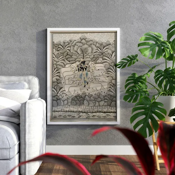 Hand_Painted_Pichwai_Shrinathji_Cows_On_Fabric_Unframed_3Ft_X_4Ft