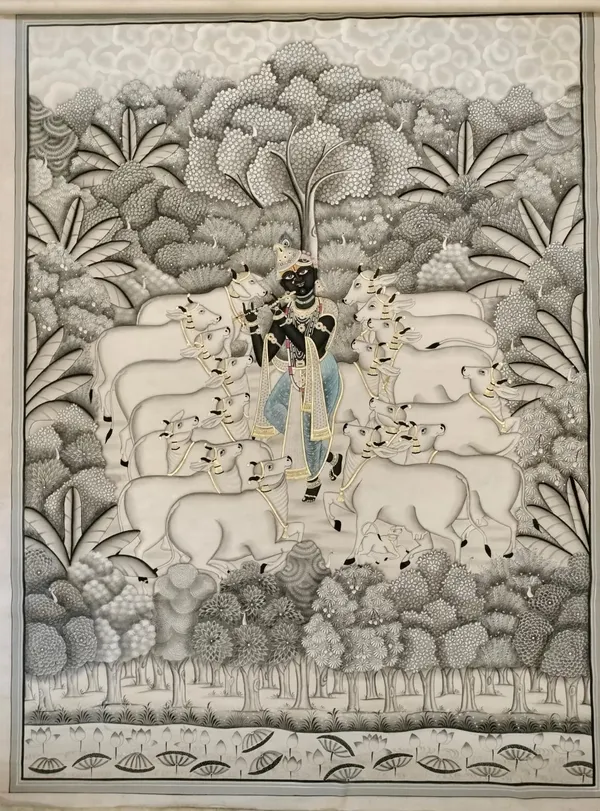 Hand_Painted_Pichwai_Shrinathji_Cows_On_Fabric_Unframed_3Ft_X_4Ft