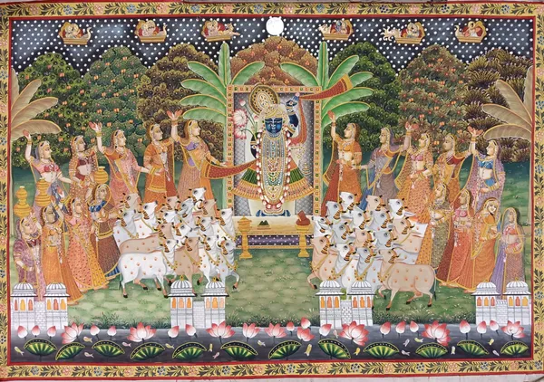 Fabric_Pichwai_Shrinathji_With_Cows_Celebration_Unframed_Wall_Art