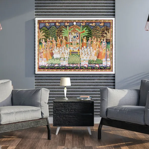 Fabric_Pichwai_Shrinathji_With_Cows_Celebration_Unframed_Wall_Art