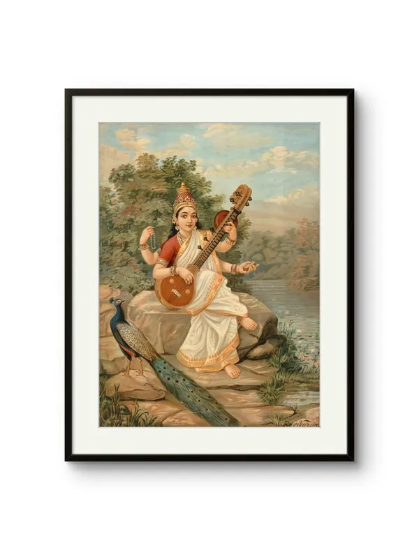 Raja_Ravi_Varma_Saraswati_Canvas_Print_White_Frame