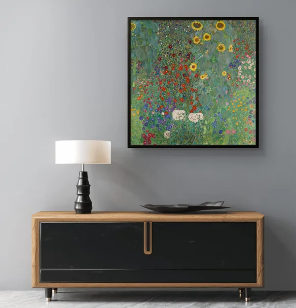 Farm_Garden_With_Sunflowers_Canvas_Print_Black_Frame