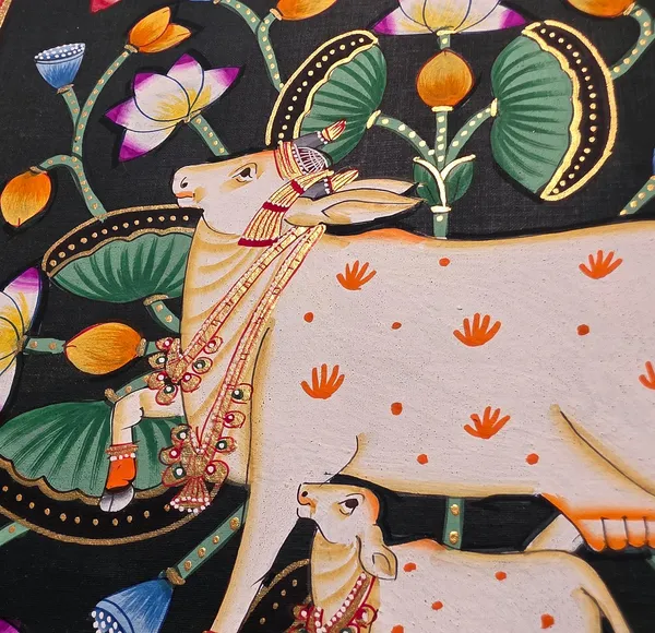 Fiber_Traditional_Pichwai_Sacred_Cow_Black_Background_Art_Print