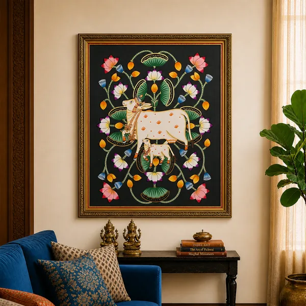 Fiber_Traditional_Pichwai_Sacred_Cow_Black_Background_Art_Print