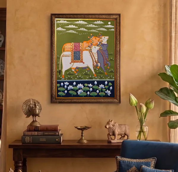 Fiber_Traditional_Pichwai_Cows_Green_Backdrop_Unframed_Print