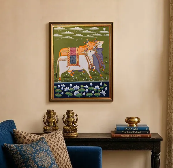 Fiber_Traditional_Pichwai_Cows_Green_Backdrop_Unframed_Print