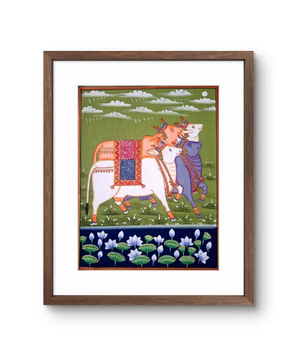 Fiber_Traditional_Pichwai_Cows_Green_Backdrop_Unframed_Print