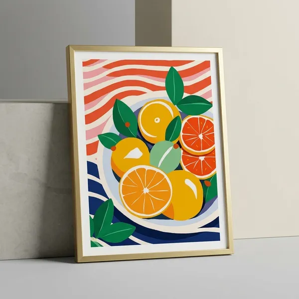 Fruits_In_A_Plate_Pop_Art_Print_Gold_Metal_Frame