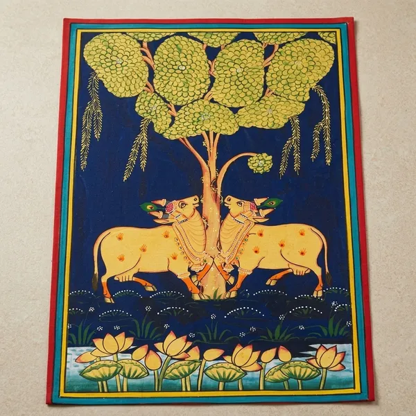 Cotton_Traditional_Pichwai_Hand_Painted_Cow_Unframed_Art_3X4_Ft