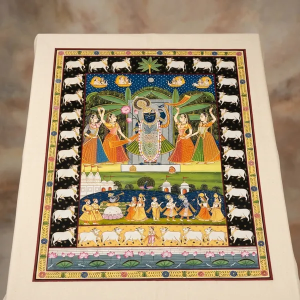 Cotton_Hand_Painted_Pichwai_Shrinathji_Cows_Red_Unframed_Wall_Art