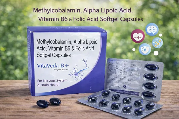 Vitaveda_B+_Methylcobalamin,_Alpha_Lipoic_Acid,_Vitamin_B6_&_Folic_Acid_Softgel_Capsules_-_For_Nervous_System_&_Brain_Health_(1X10_Capsules)_Pack_Of_1_Strip