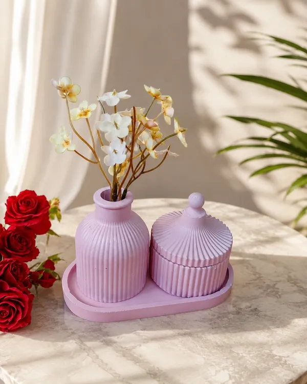 Lavender_Concrete_Ribbed_Jars,_Trays,Tray_And_Ribbed_Vase