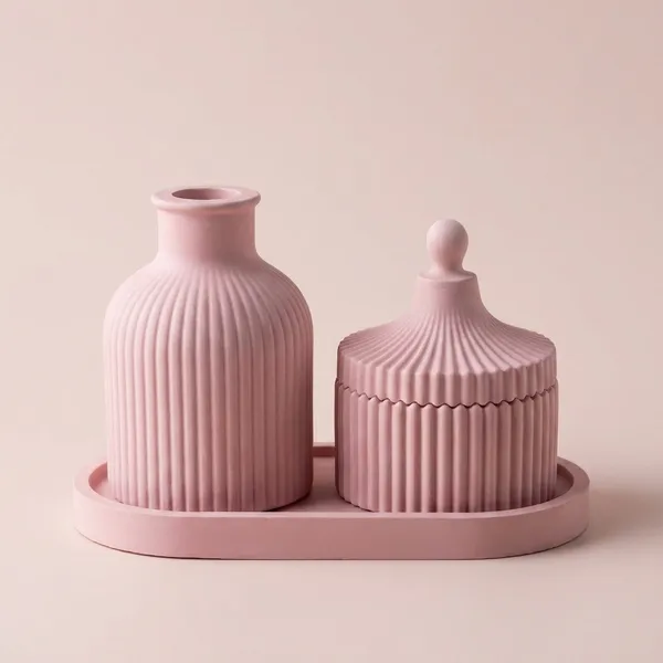 Pink_Concrete_Ribbed_Jars,_Trays,Tray_And_Ribbed_Vase