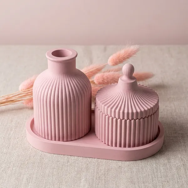 Pink_Concrete_Ribbed_Jars,_Trays,Tray_And_Ribbed_Vase