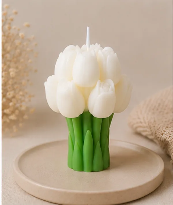 White_Tulip_Bouquet_Decorative_Candle_With_Green_Base