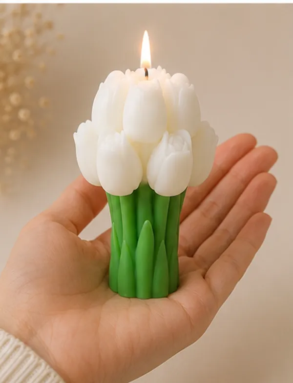 White_Tulip_Bouquet_Decorative_Candle_With_Green_Base