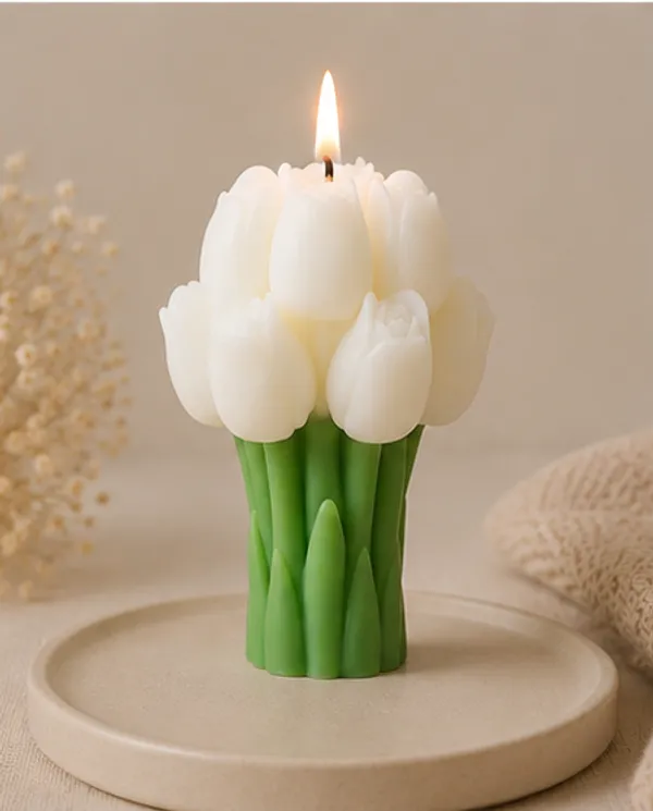 White_Tulip_Bouquet_Decorative_Candle_With_Green_Base