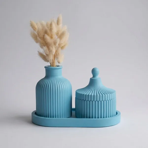 Blue_Concrete_Ribbed_Jars,_Trays,Tray_And_Ribbed_Vase