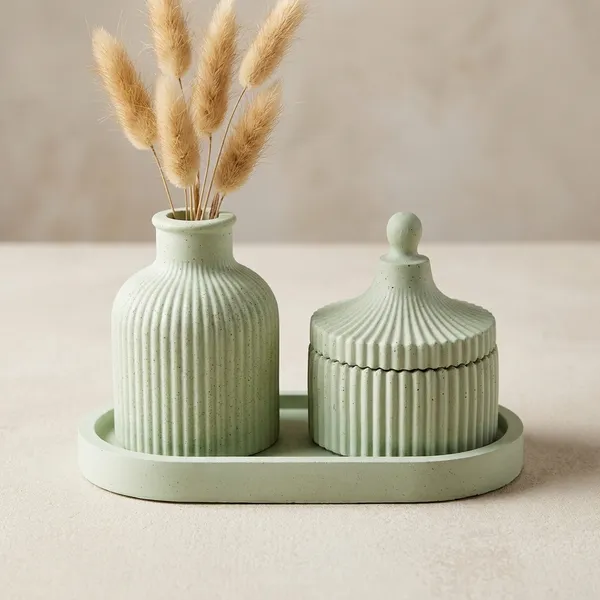 Pista_Green_Concrete_Ribbed_Jars,_Trays,Tray_And_Ribbed_Vase