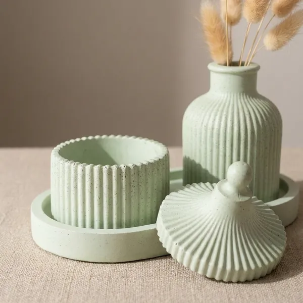 Pista_Green_Concrete_Ribbed_Jars,_Trays,Tray_And_Ribbed_Vase