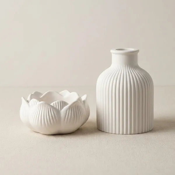 White_Empty_Concrete_Lotus_Jar,_Tray_With_Ribbed_Vase