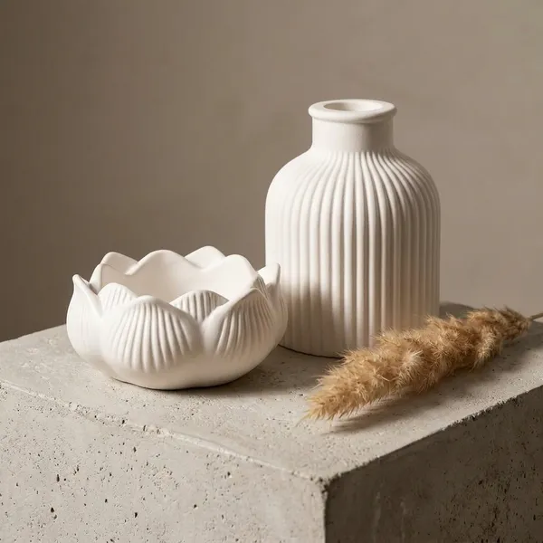 White_Empty_Concrete_Lotus_Jar,_Tray_With_Ribbed_Vase