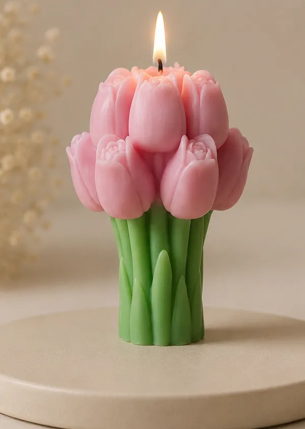 Pink_Tulip_Bouquet_Decorative_Candle_With_Green_Base