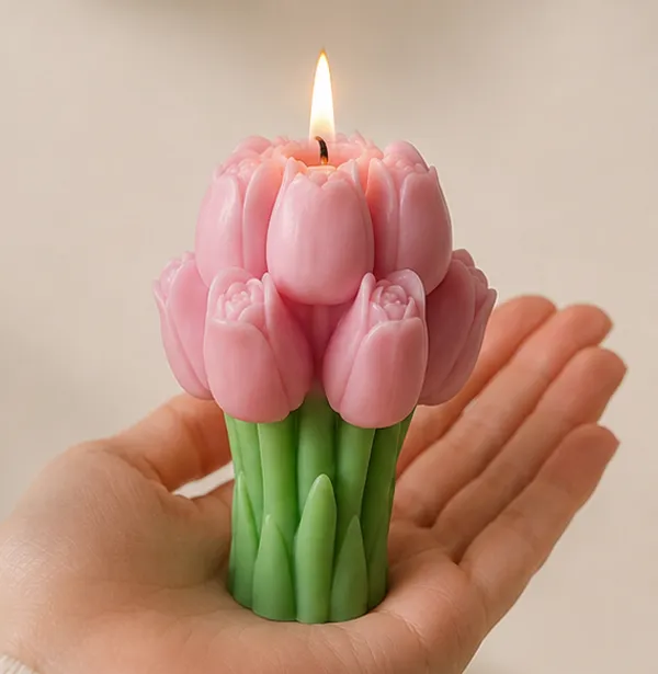 Pink_Tulip_Bouquet_Decorative_Candle_With_Green_Base