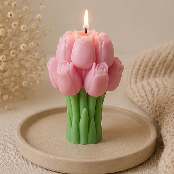 Pink_Tulip_Bouquet_Decorative_Candle_With_Green_Base