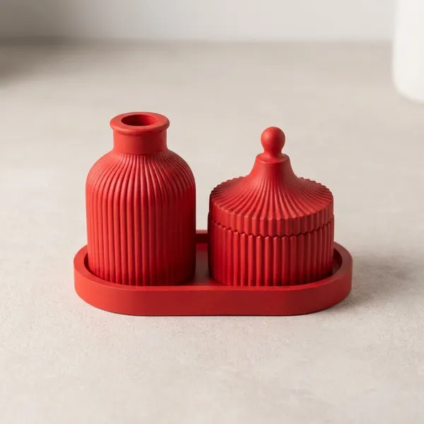Red_Concrete_Ribbed_Jars,_Trays,Tray_And_Ribbed_Vase