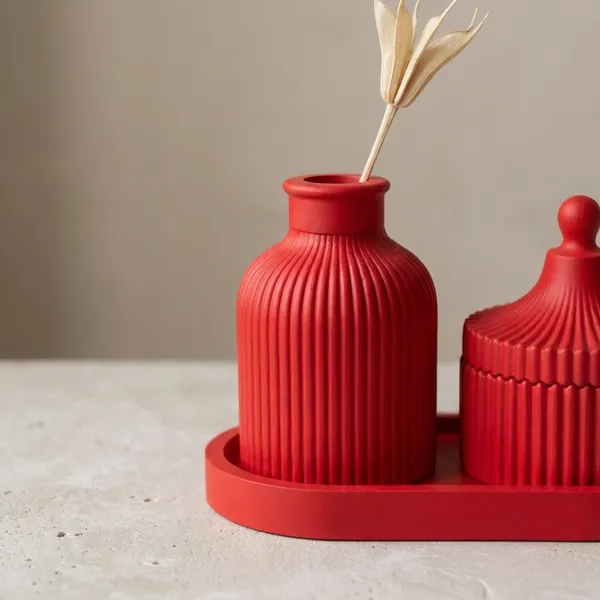 Red_Concrete_Ribbed_Jars,_Trays,Tray_And_Ribbed_Vase