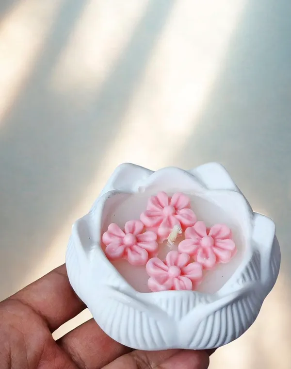 White_Concrete_Lotus_Jar_With_Pink_Flower