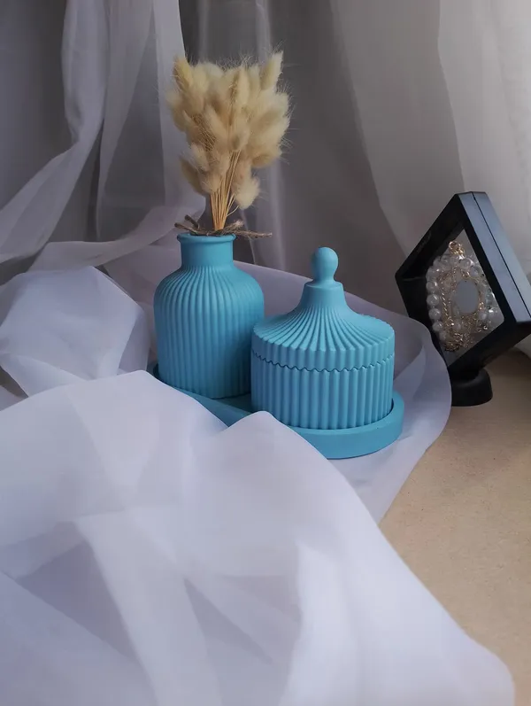 Blue_Concrete_Ribbed_Jars,_Trays,Tray_And_Ribbed_Vase