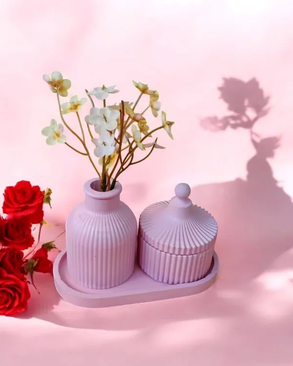 Lavender_Concrete_Ribbed_Jars,_Trays,Tray_And_Ribbed_Vase