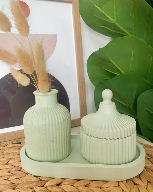 Pista_Green_Concrete_Ribbed_Jars,_Trays,Tray_And_Ribbed_Vase