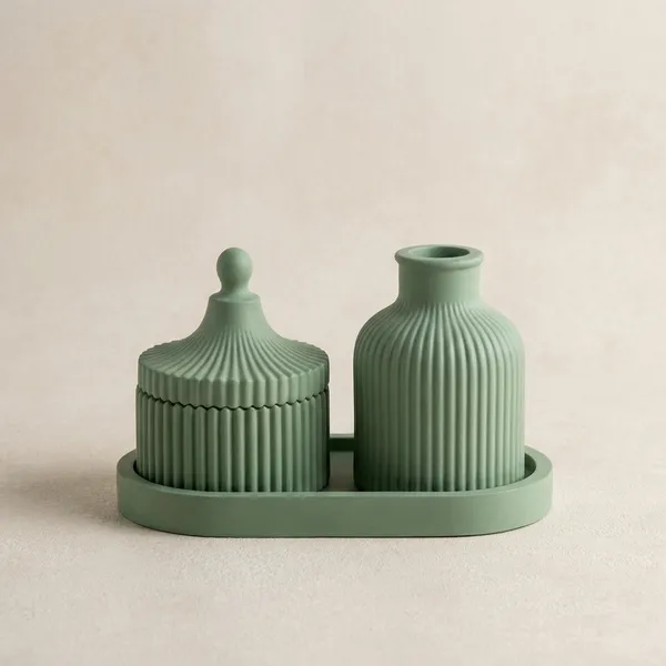 Sage_Green_Concrete_Ribbed_Jars,_Trays,Tray_And_Ribbed_Vase