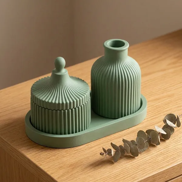 Sage_Green_Concrete_Ribbed_Jars,_Trays,Tray_And_Ribbed_Vase