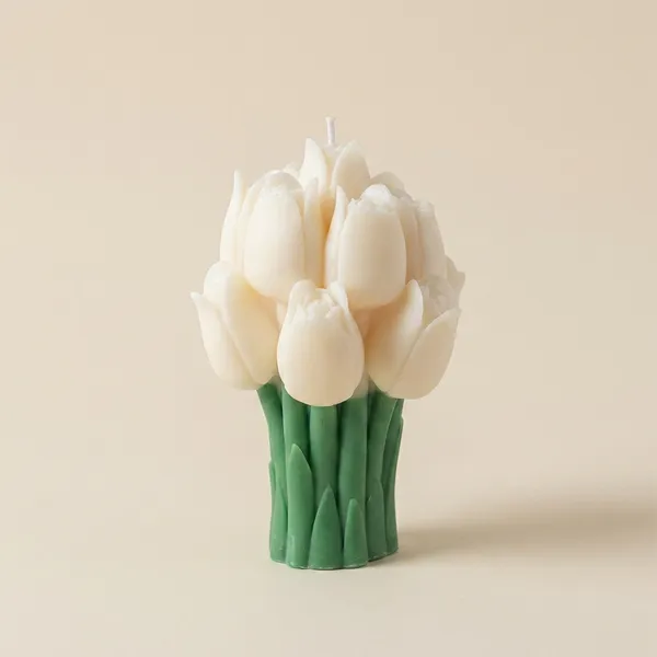 White_Tulip_Bouquet_Decorative_Candle_With_Green_Base