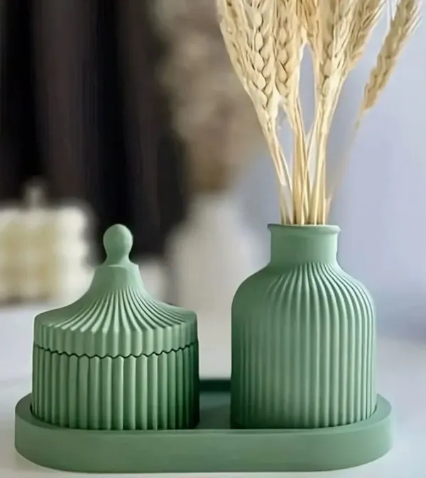 Sage_Green_Concrete_Ribbed_Jars,_Trays,Tray_And_Ribbed_Vase