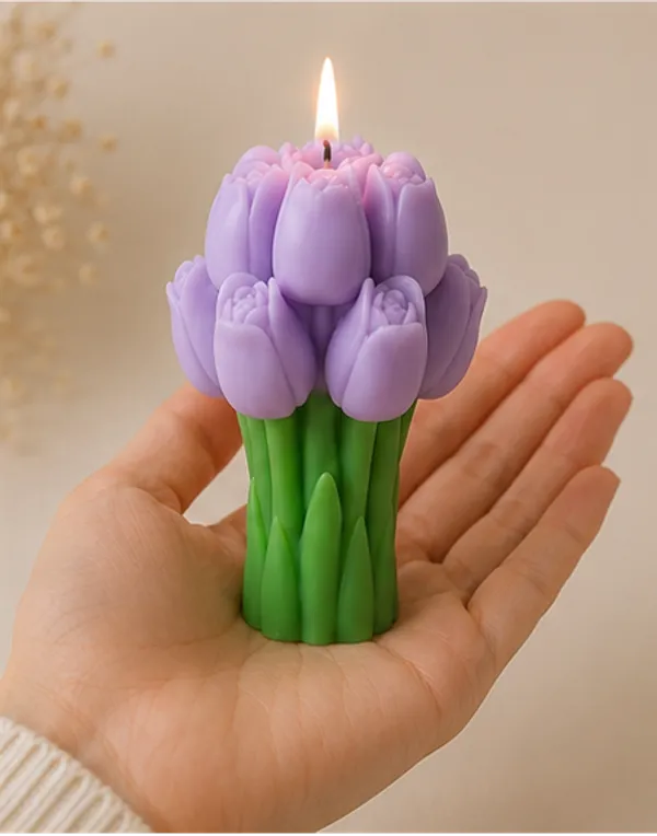 Lavender_Tulip_Bouquet_Decorative_Candle_With_Green_Base