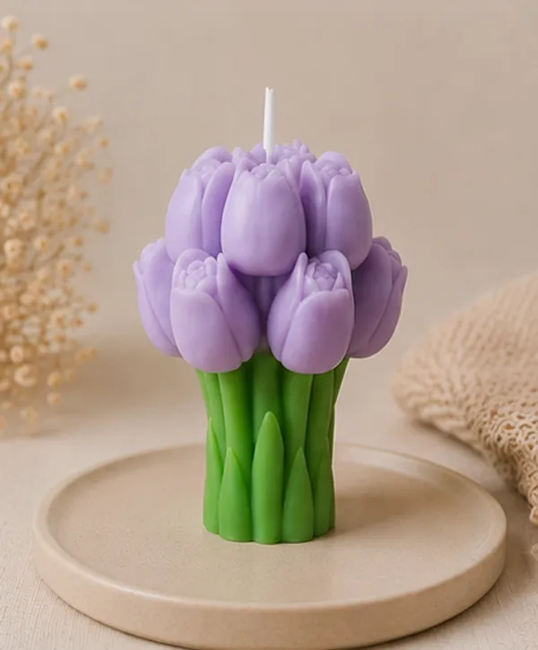 Lavender_Tulip_Bouquet_Decorative_Candle_With_Green_Base