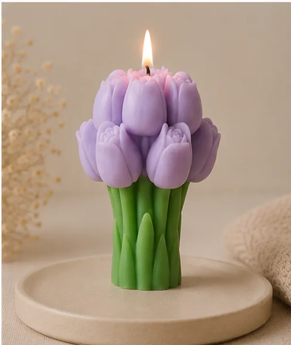 Lavender_Tulip_Bouquet_Decorative_Candle_With_Green_Base