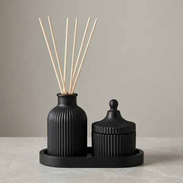 Black_Concrete_Ribbed_Jars,_Trays,Tray_And_Ribbed_Vase