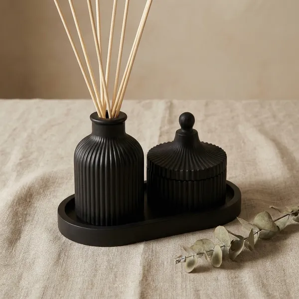 Black_Concrete_Ribbed_Jars,_Trays,Tray_And_Ribbed_Vase