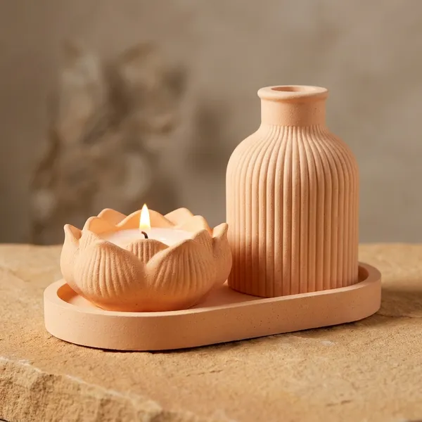 Orange_Concrete_Tray_And_Ribbed_Vase_With_Lotus_Jar_Candle