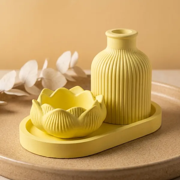 Yellow_Concrete_Tray_And_Ribbed_Vase_With_Lotus_Jar_Candle