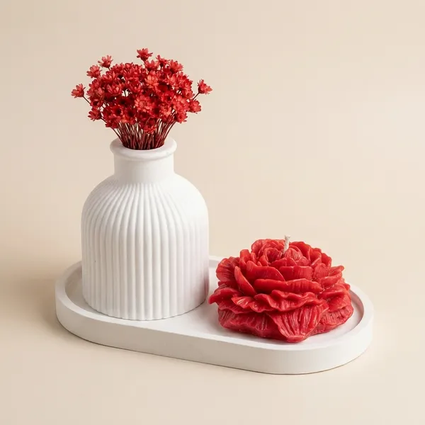 White_Concrete_Tray_And_Ribbed_Vase_With_Peony_Candle