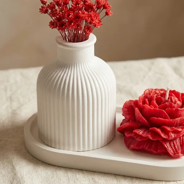 White_Concrete_Tray_And_Ribbed_Vase_With_Peony_Candle